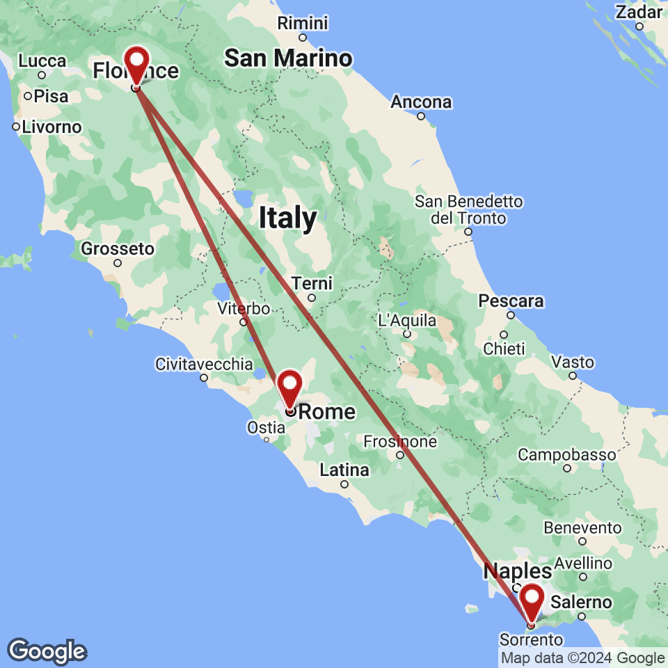 Route for Rome, Florence, Sorrento tour